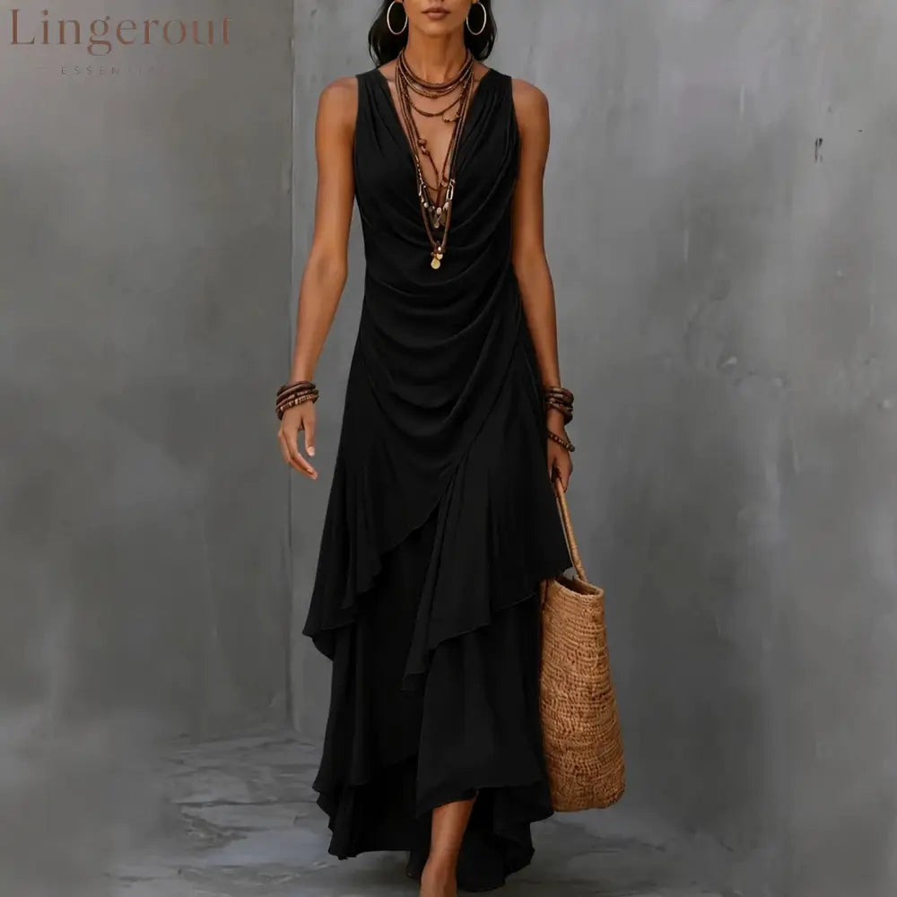 Sleeveless Draped V-Neck Asymmetrical Ruffle Maxi Dress