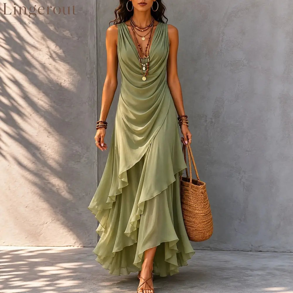 Sleeveless Draped V-Neck Asymmetrical Ruffle Maxi Dress