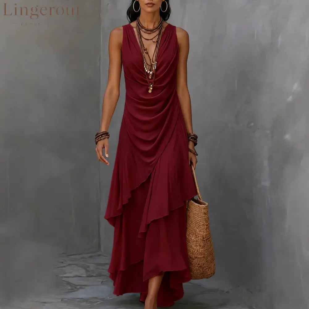 Sleeveless Draped V-Neck Asymmetrical Ruffle Maxi Dress
