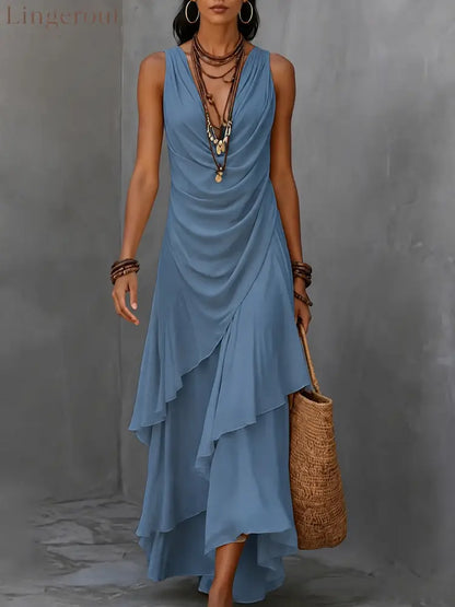 Sleeveless Draped V-Neck Asymmetrical Ruffle Maxi Dress - Light blue / S
