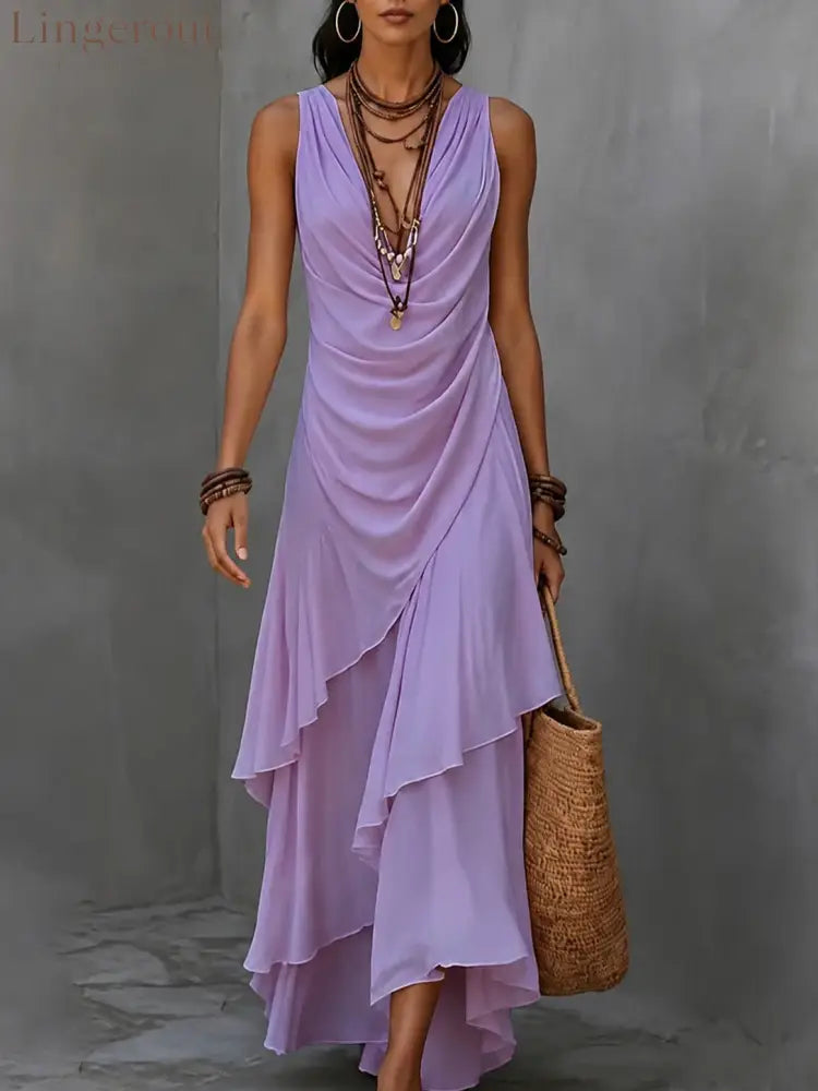Sleeveless Draped V-Neck Asymmetrical Ruffle Maxi Dress - Light purple / S
