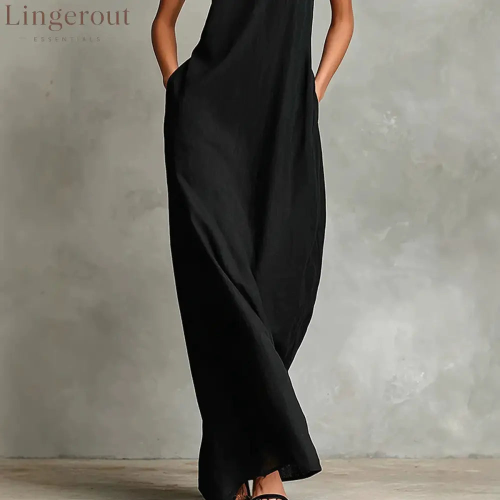 Sleeveless High Neck Linen Maxi Shift Dress