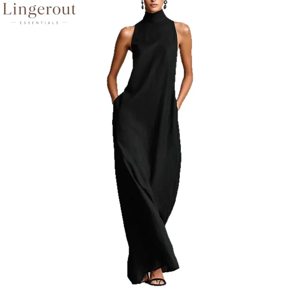 Sleeveless High Neck Linen Maxi Shift Dress