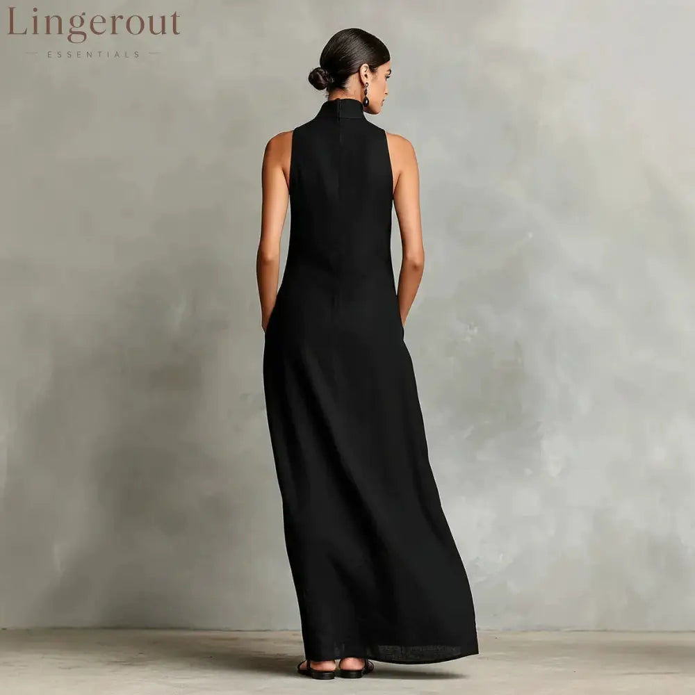 Sleeveless High Neck Linen Maxi Shift Dress