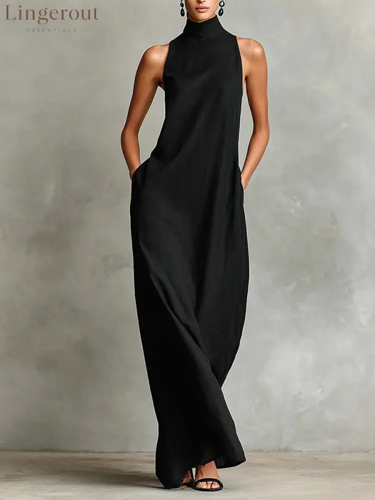 Sleeveless High Neck Linen Maxi Shift Dress - Black / XS