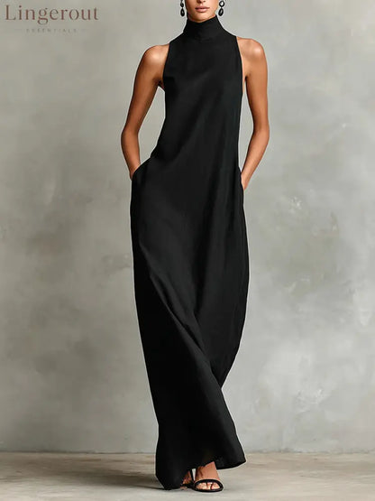 Sleeveless High Neck Linen Maxi Shift Dress - Black / XS