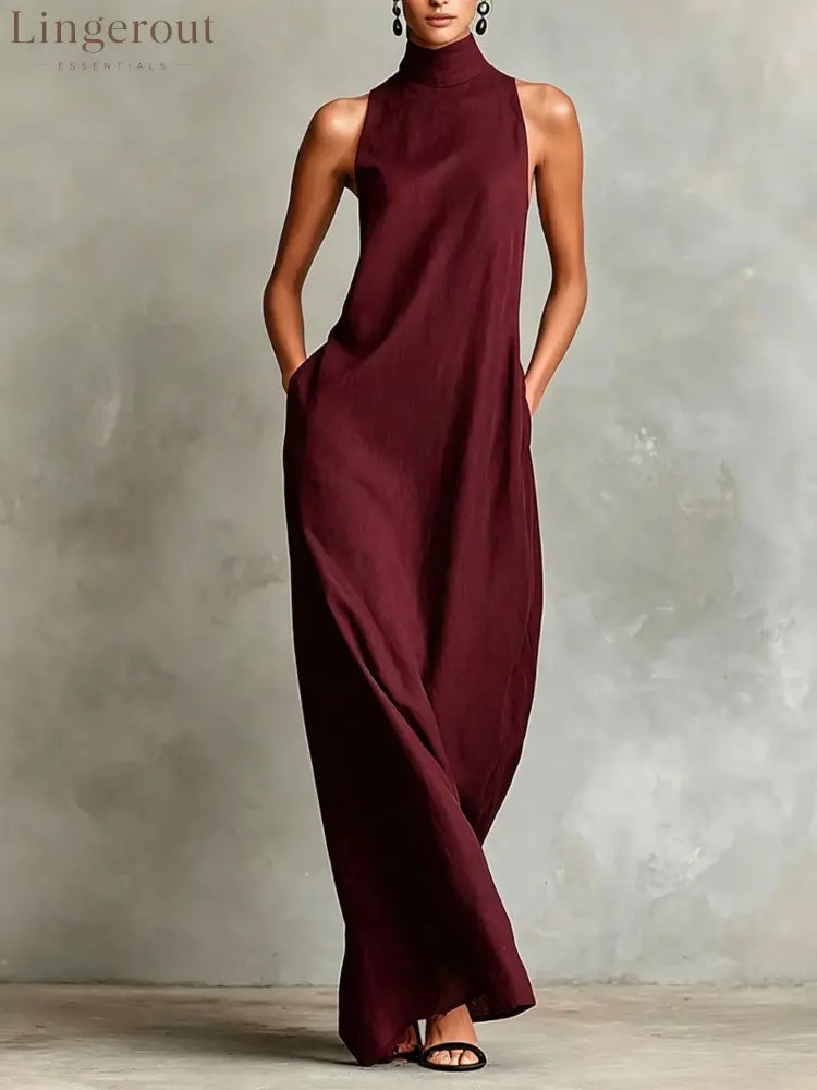 Sleeveless High Neck Linen Maxi Shift Dress - Claret / XS