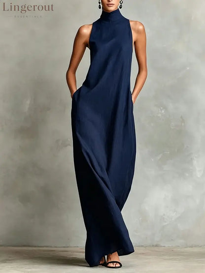Sleeveless High Neck Linen Maxi Shift Dress - Navy blue / XS