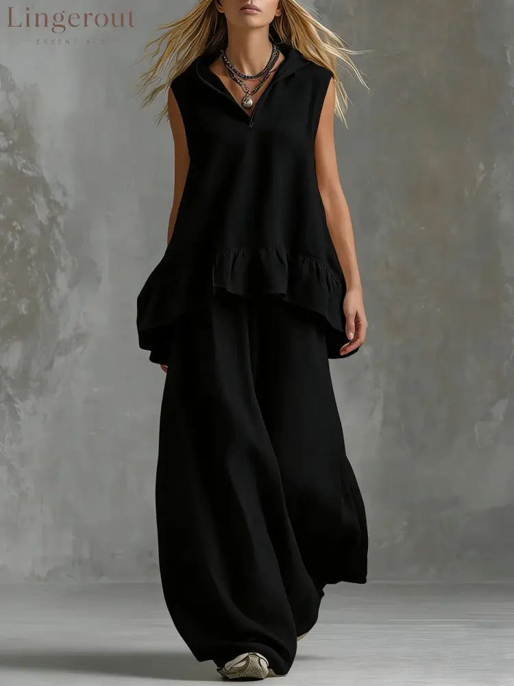 Sleeveless Hooded Textured Two-Piece Set - Black / S