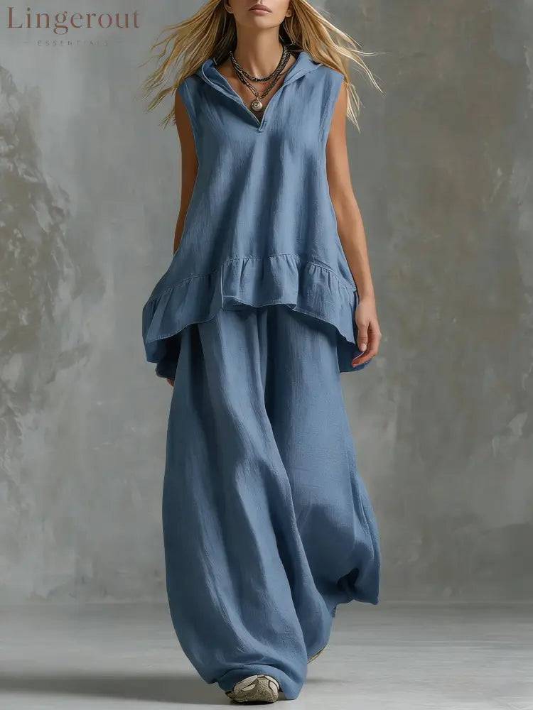 Sleeveless Hooded Textured Two-Piece Set - Blue / S