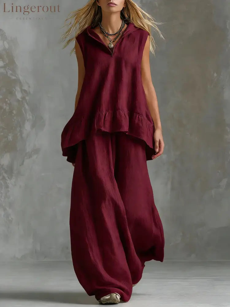 Sleeveless Hooded Textured Two-Piece Set - Claret / S