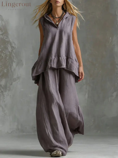 Sleeveless Hooded Textured Two-Piece Set - Grey / S