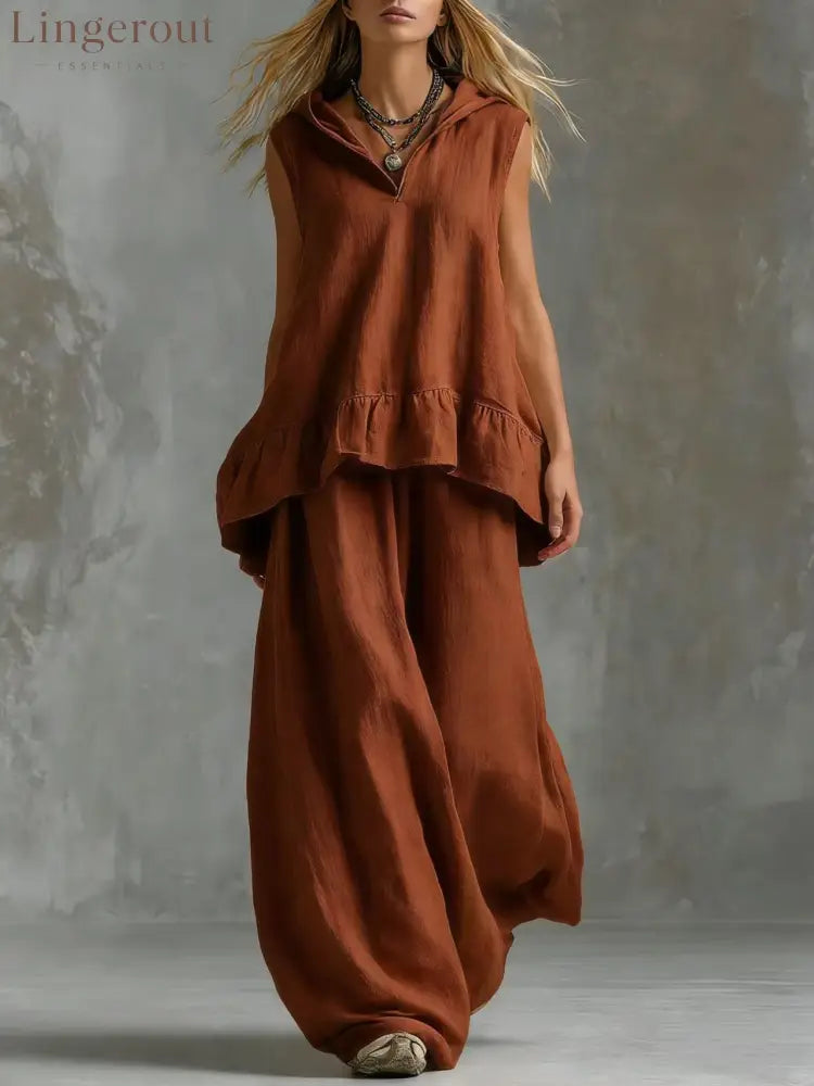 Sleeveless Hooded Textured Two-Piece Set - Maroon / S