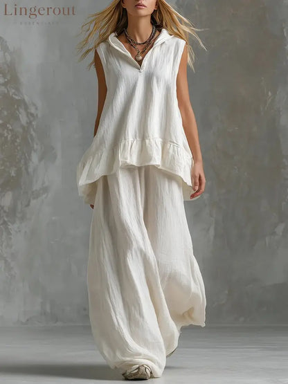 Sleeveless Hooded Textured Two-Piece Set - White / S