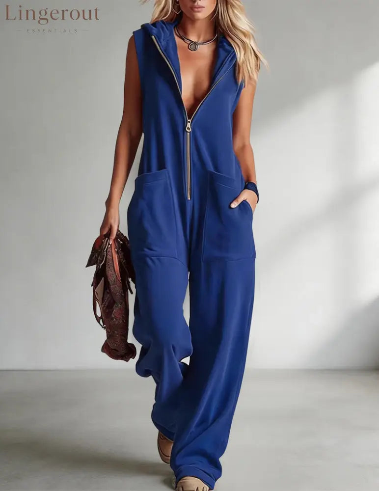 Sleeveless Hooded Zip-Front Jumpsuit