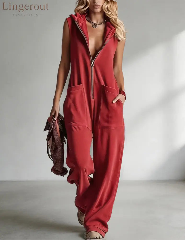 Sleeveless Hooded Zip-Front Jumpsuit