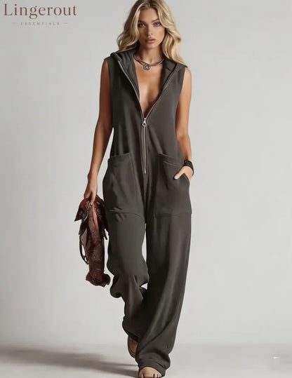 Sleeveless Hooded Zip-Front Jumpsuit - Dark Grey / S