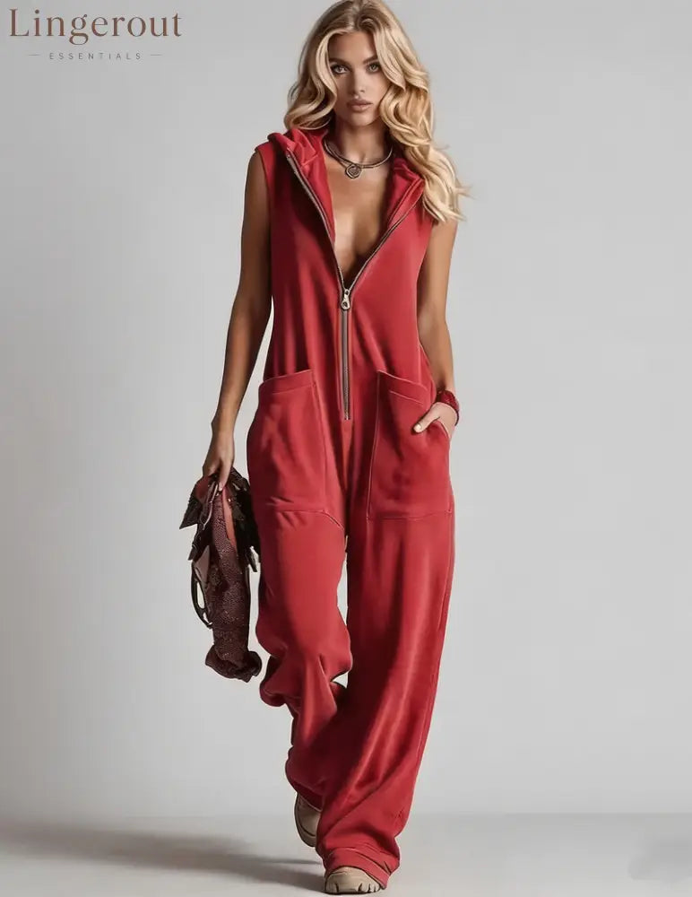 Sleeveless Hooded Zip-Front Jumpsuit - Red / S
