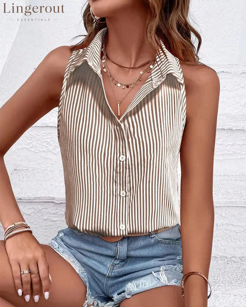 Sleeveless Lapel Striped Tank Top