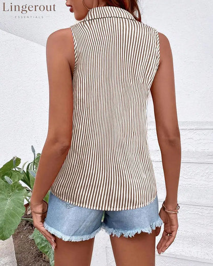 Sleeveless Lapel Striped Tank Top