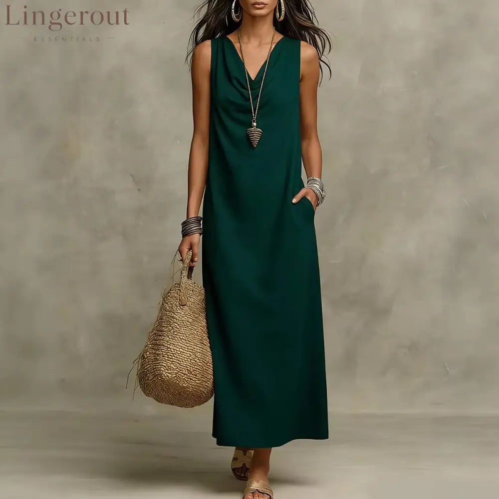 🌟 Sleeveless Linen Maxi Dress: Effortless Boho-Chic for Every Occasion - Dark green / S