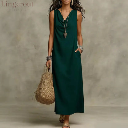 🌟 Sleeveless Linen Maxi Dress: Effortless Boho-Chic for Every Occasion - Dark green / S