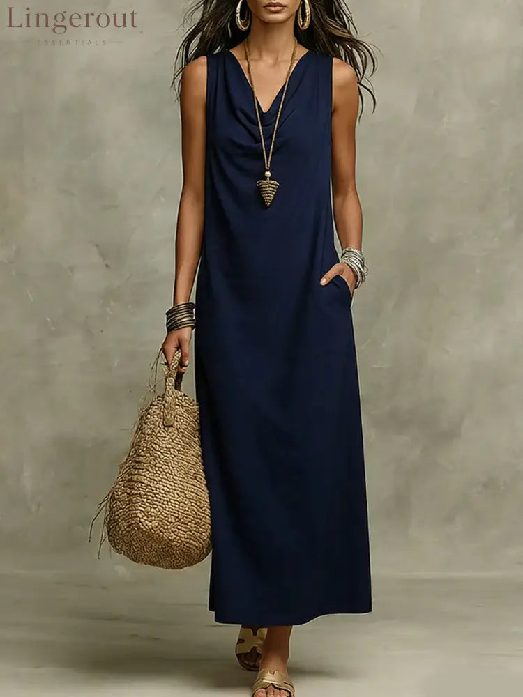 🌟 Sleeveless Linen Maxi Dress: Effortless Boho-Chic for Every Occasion - Navy blue / S