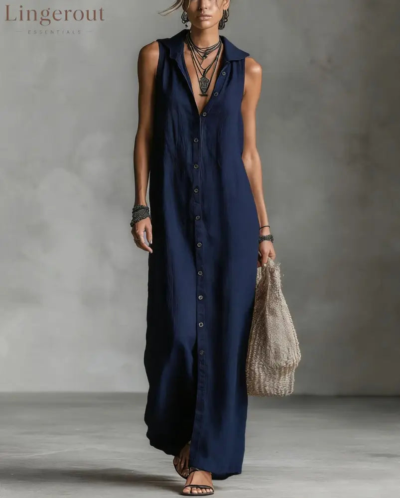 Sleeveless Long Dress Women’s One-piece Dress - Navy blue / S