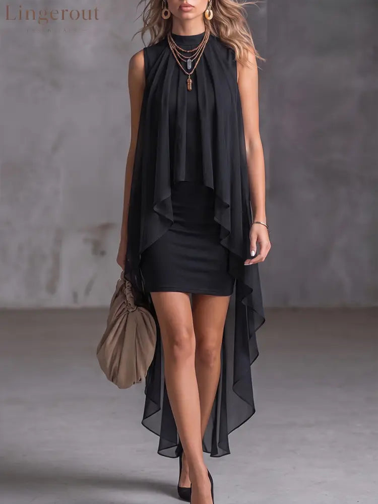 Sleeveless Mock Neck Chiffon Overlay Bodycon Dress - Black / S