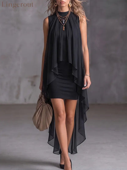 Sleeveless Mock Neck Chiffon Overlay Bodycon Dress - Black / S