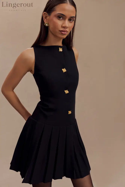 Sleeveless Pleated Mini Dress - Black