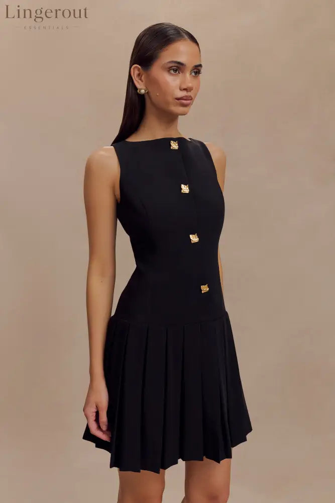 Sleeveless Pleated Mini Dress - Black