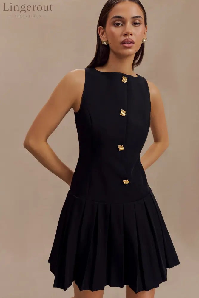 Sleeveless Pleated Mini Dress - Black