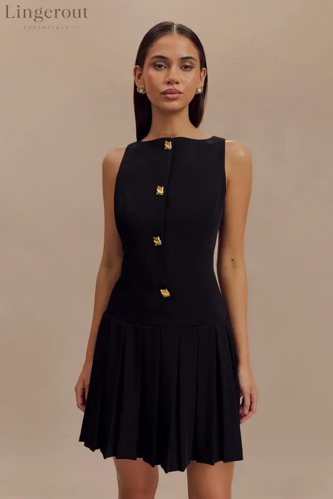 Sleeveless Pleated Mini Dress - Black - S