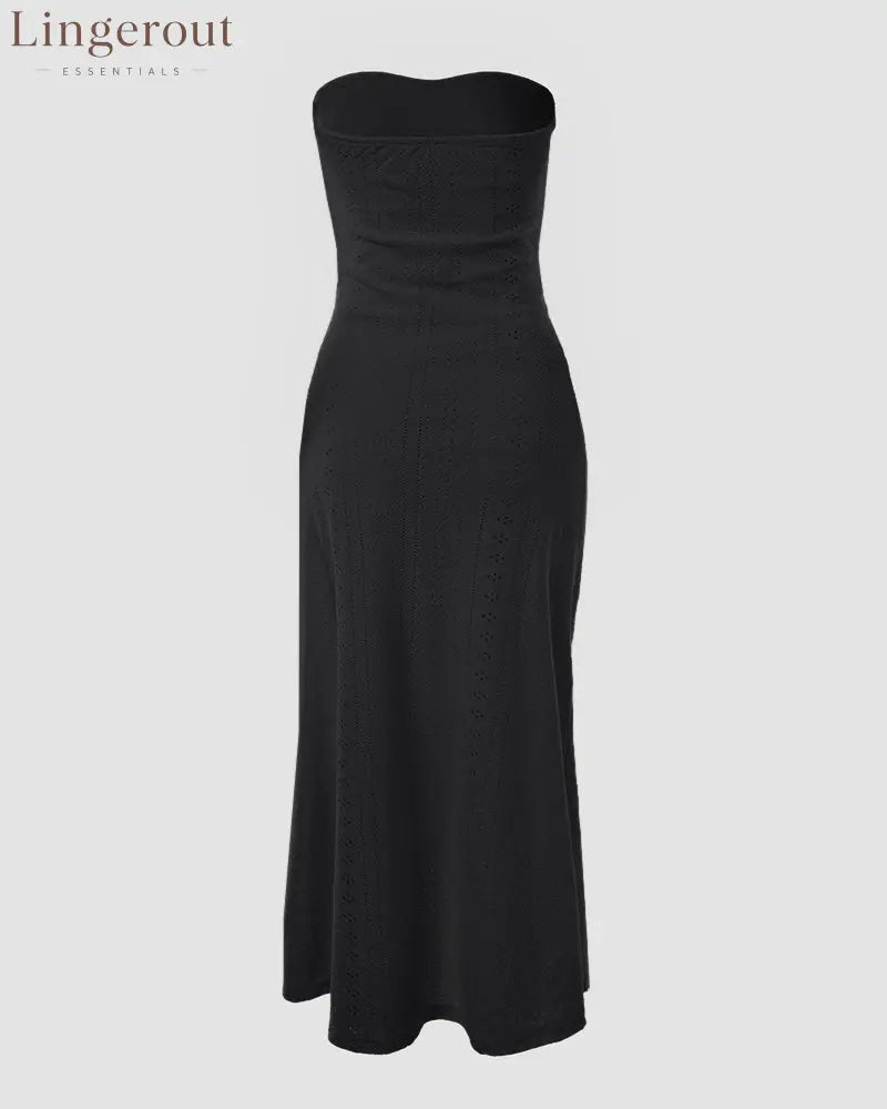 Sleeveless Ruched Cinched Waist Draped Bandeau Dress Eyelet Embroidery Slit Asymmetrical Hem Vacation Dress