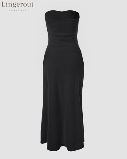Sleeveless Ruched Cinched Waist Draped Bandeau Dress Eyelet Embroidery Slit Asymmetrical Hem Vacation Dress