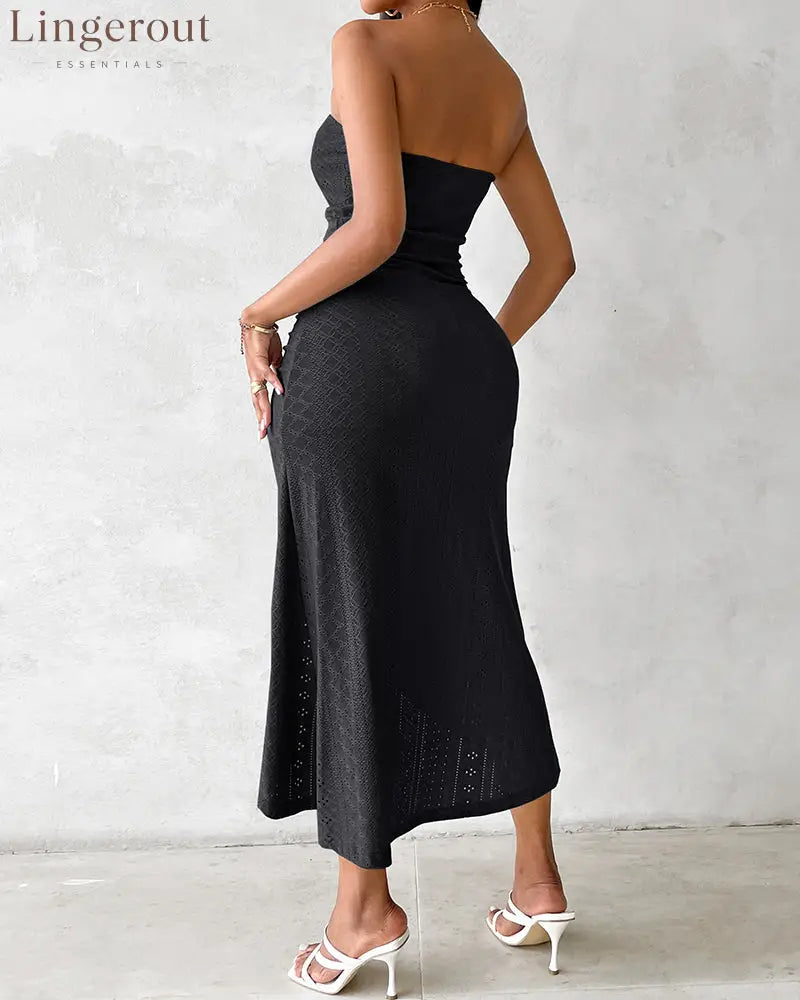 Sleeveless Ruched Cinched Waist Draped Bandeau Dress Eyelet Embroidery Slit Asymmetrical Hem Vacation Dress