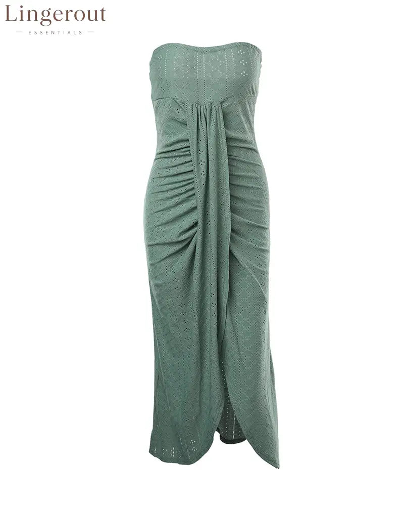 Sleeveless Ruched Cinched Waist Draped Bandeau Dress Eyelet Embroidery Slit Asymmetrical Hem Vacation Dress