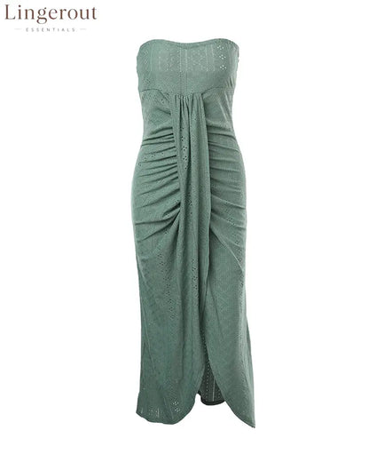Sleeveless Ruched Cinched Waist Draped Bandeau Dress Eyelet Embroidery Slit Asymmetrical Hem Vacation Dress