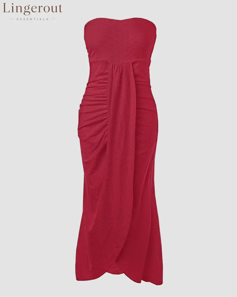 Sleeveless Ruched Cinched Waist Draped Bandeau Dress Eyelet Embroidery Slit Asymmetrical Hem Vacation Dress