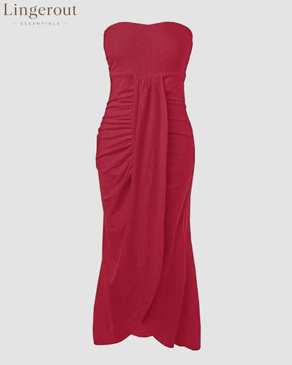 Sleeveless Ruched Cinched Waist Draped Bandeau Dress Eyelet Embroidery Slit Asymmetrical Hem Vacation Dress