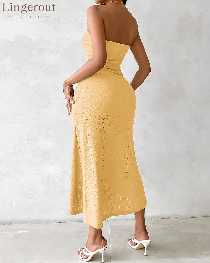 Sleeveless Ruched Cinched Waist Draped Bandeau Dress Eyelet Embroidery Slit Asymmetrical Hem Vacation Dress