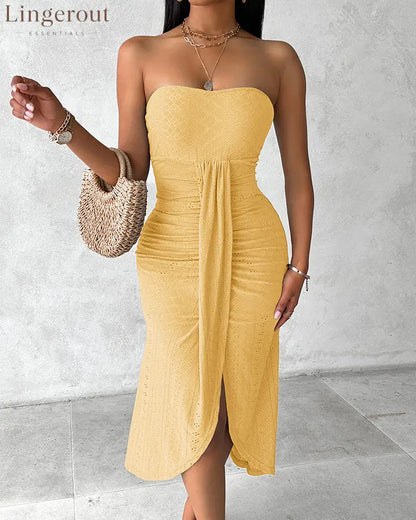 Sleeveless Ruched Cinched Waist Draped Bandeau Dress Eyelet Embroidery Slit Asymmetrical Hem Vacation Dress