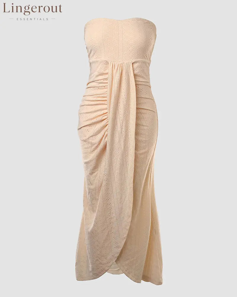 Sleeveless Ruched Cinched Waist Draped Bandeau Dress Eyelet Embroidery Slit Asymmetrical Hem Vacation Dress