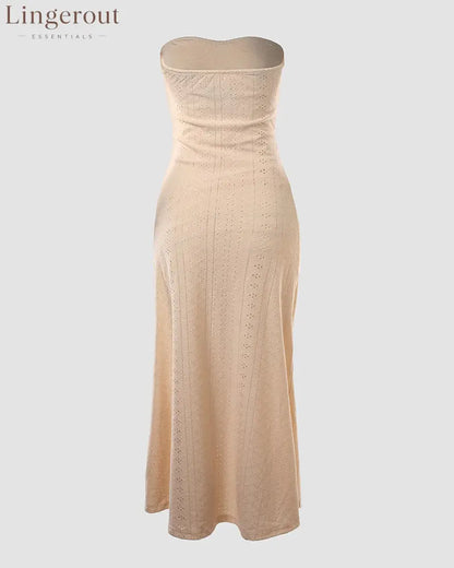 Sleeveless Ruched Cinched Waist Draped Bandeau Dress Eyelet Embroidery Slit Asymmetrical Hem Vacation Dress