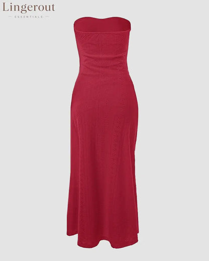 Sleeveless Ruched Cinched Waist Draped Bandeau Dress Eyelet Embroidery Slit Asymmetrical Hem Vacation Dress