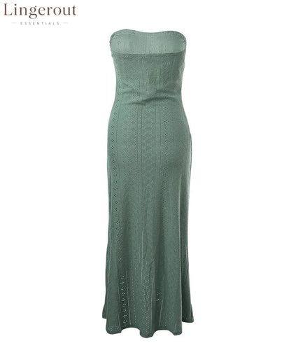 Sleeveless Ruched Cinched Waist Draped Bandeau Dress Eyelet Embroidery Slit Asymmetrical Hem Vacation Dress