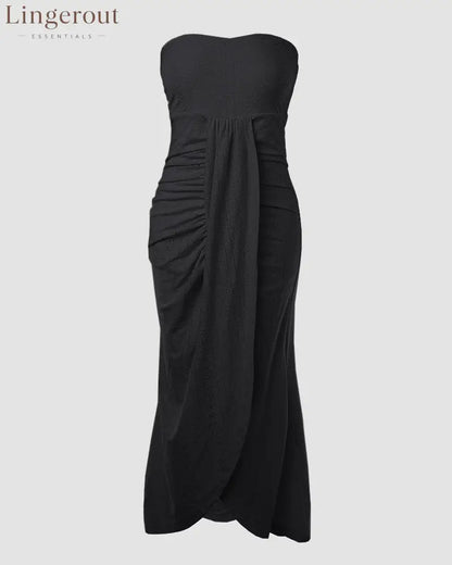 Sleeveless Ruched Cinched Waist Draped Bandeau Dress Eyelet Embroidery Slit Asymmetrical Hem Vacation Dress