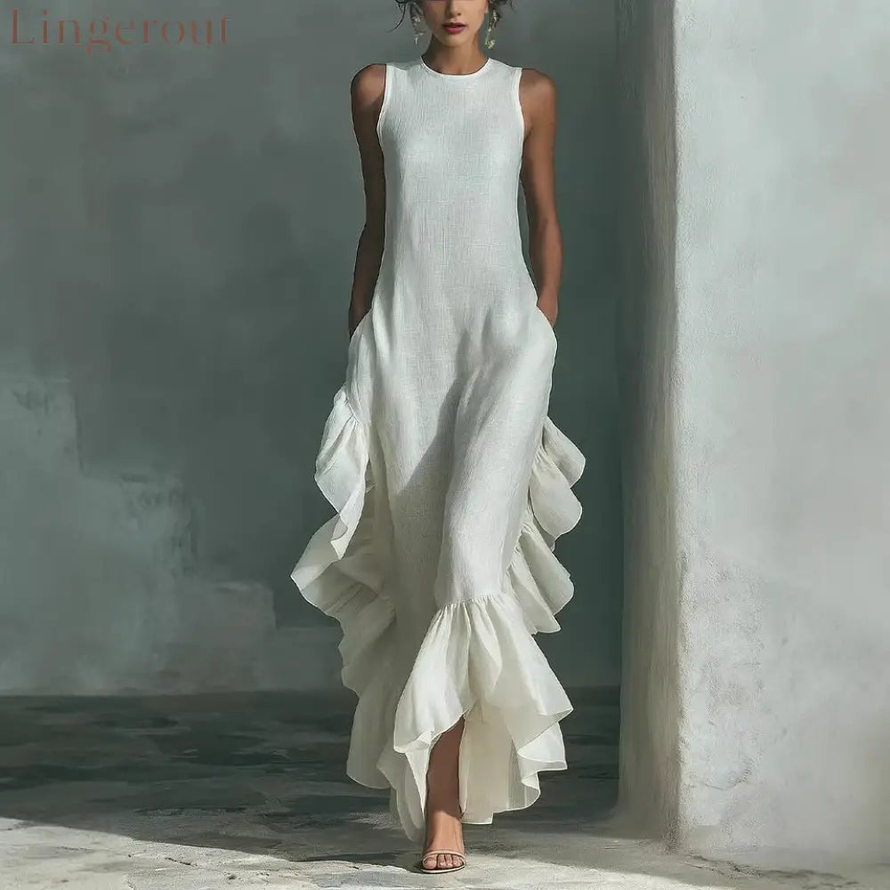 Sleeveless Ruffled Linen Maxi Dress