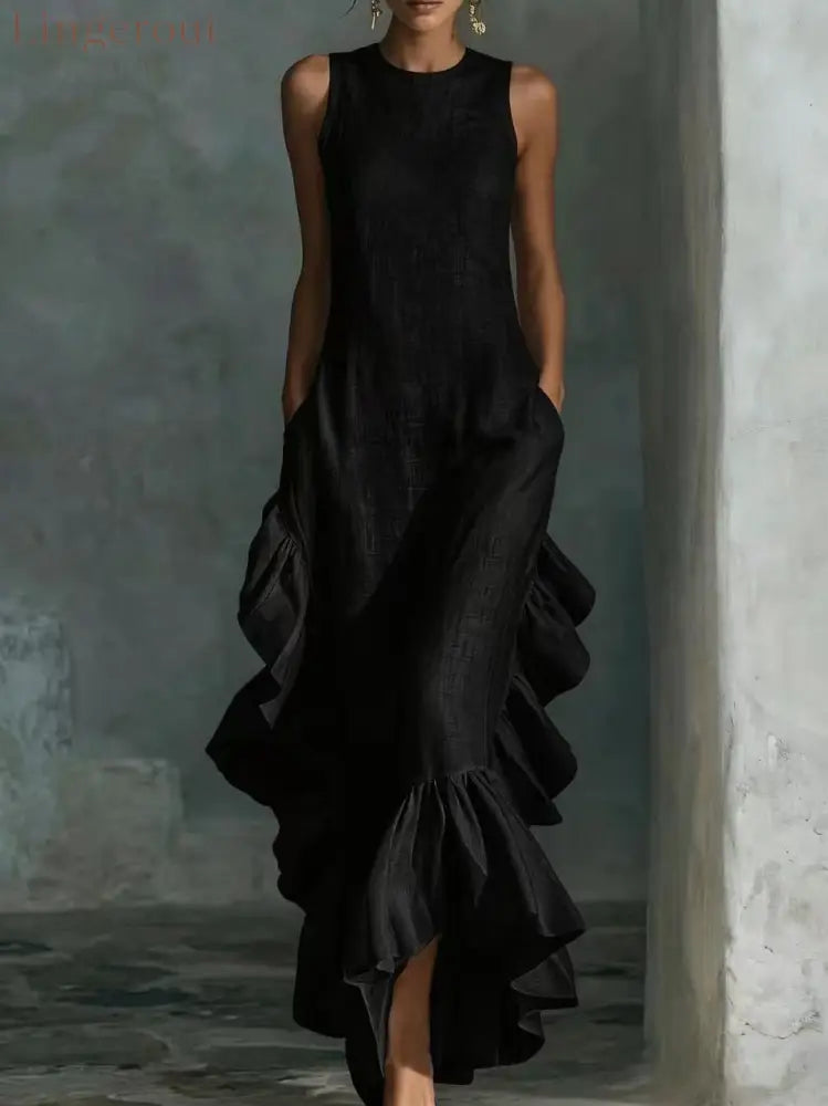 Sleeveless Ruffled Linen Maxi Dress - Black / S